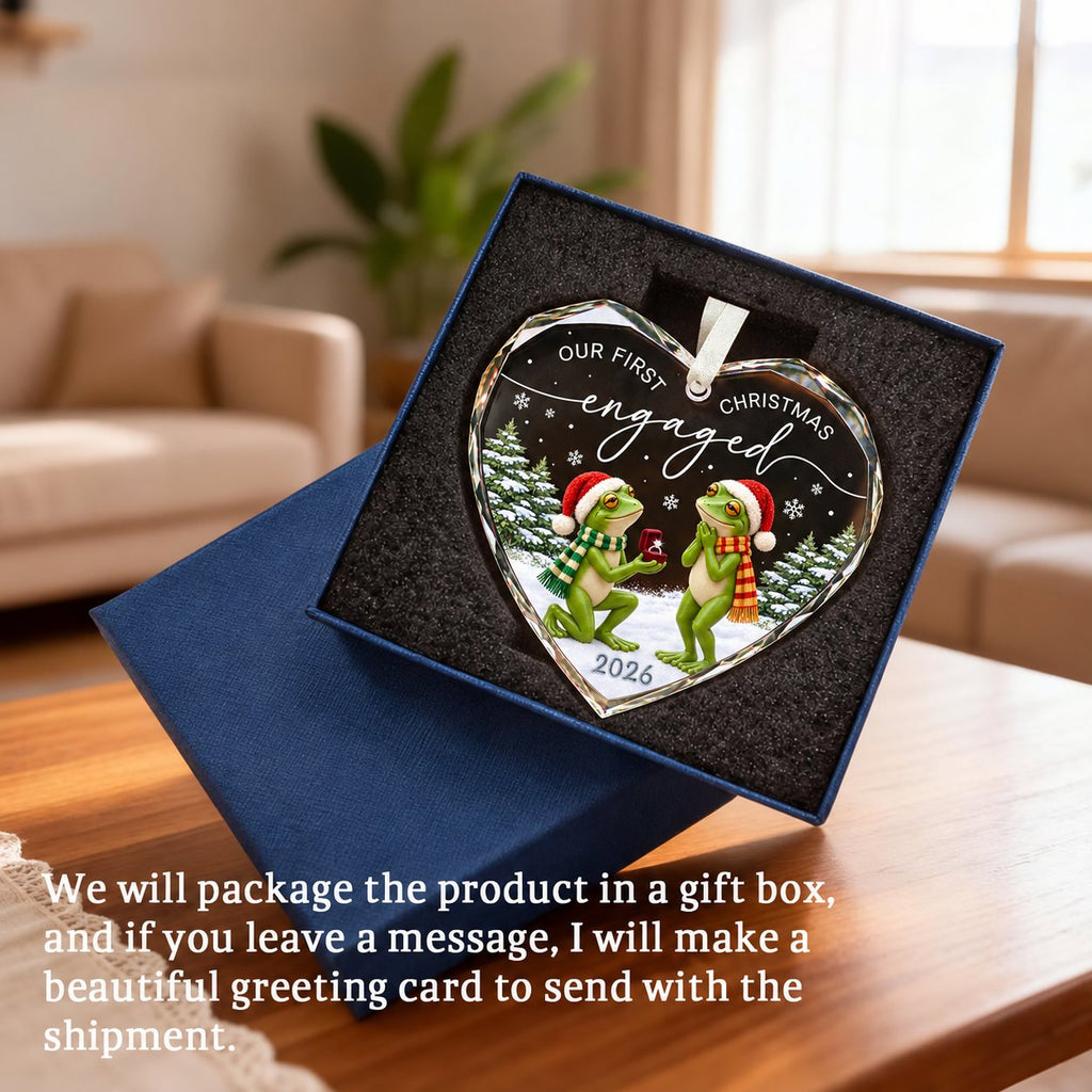 Personalized Our First Christmas Engaged Frog Proposal Heart Glass Ornament