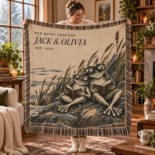 Personalized Our Quiet Chapter Frog Couple Woven Blanket
