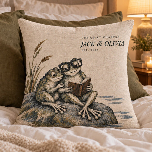 Personalized Our Quiet Chapter Frog Couple Woven Throw Pillow