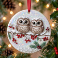 Owl Couple on a Snowy Berry Branch Ceramic Christmas Ornament