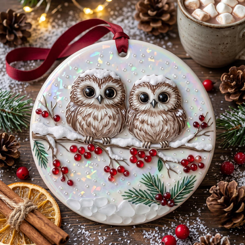 Owl Couple on a Snowy Berry Branch Ceramic Christmas Ornament