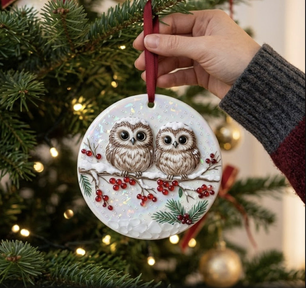 Owl Couple on a Snowy Berry Branch Ceramic Christmas Ornament
