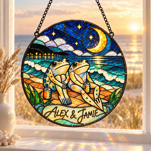 Personalized Past Midnight Frog Couple Round Stained Glass Suncatcher