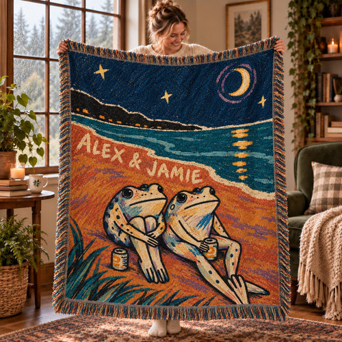 Personalized Past Midnight Frog Couple Woven Blanket
