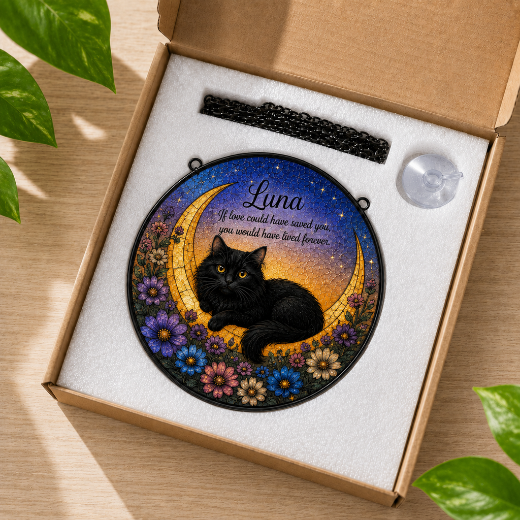 Decorative plaque with a black cat on a crescent moon, surrounded by flowers, in an open box.