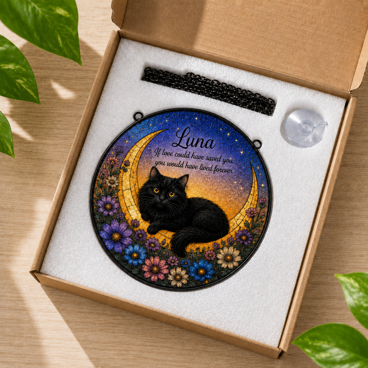 Decorative plaque with a black cat on a crescent moon, surrounded by flowers, in an open box.