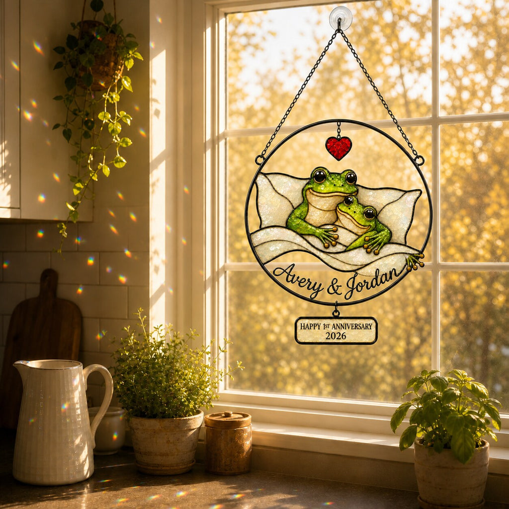 Personalized 1st Anniversary Cozy Frog Couple Holographic Acrylic Suncatcher