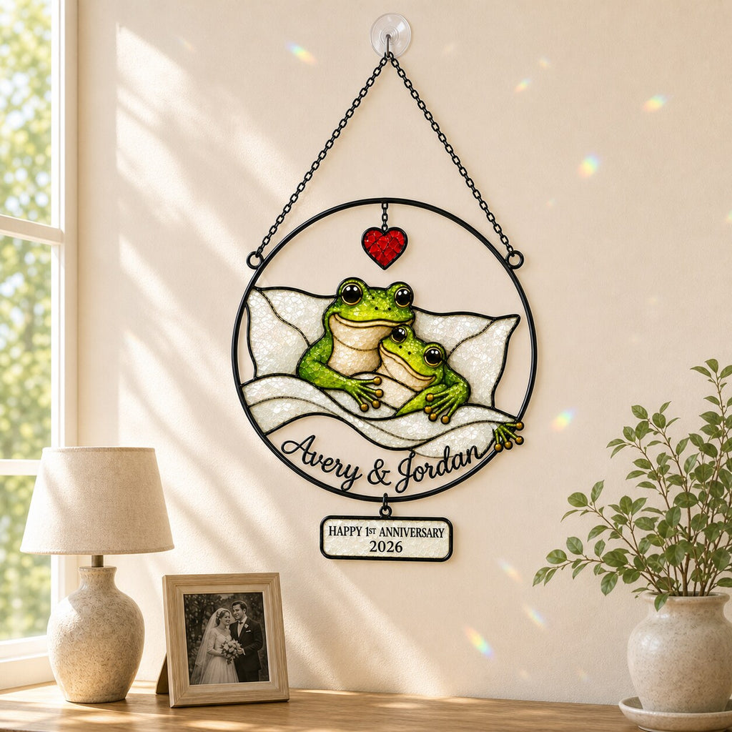 Personalized 1st Anniversary Cozy Frog Couple Holographic Acrylic Suncatcher