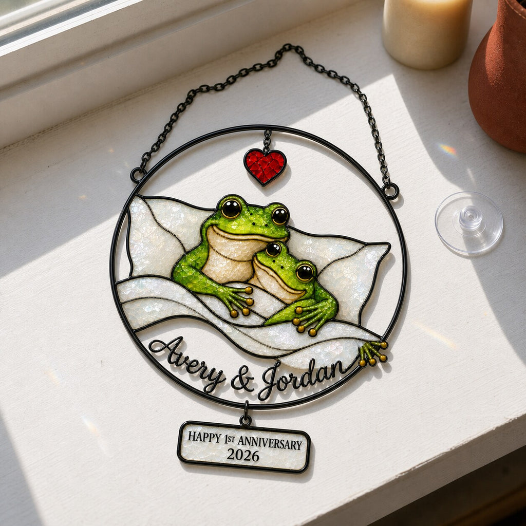 Personalized 1st Anniversary Cozy Frog Couple Holographic Acrylic Suncatcher