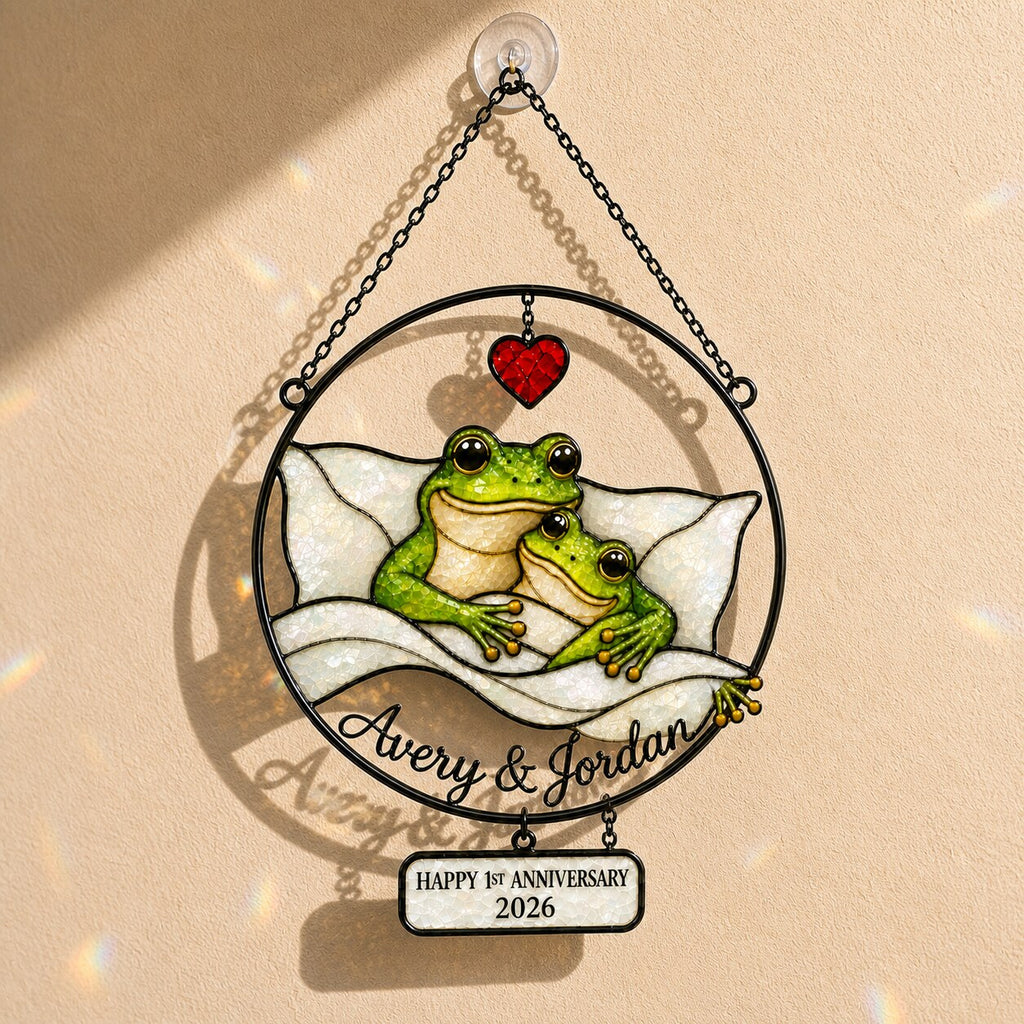 Personalized 1st Anniversary Cozy Frog Couple Holographic Acrylic Suncatcher