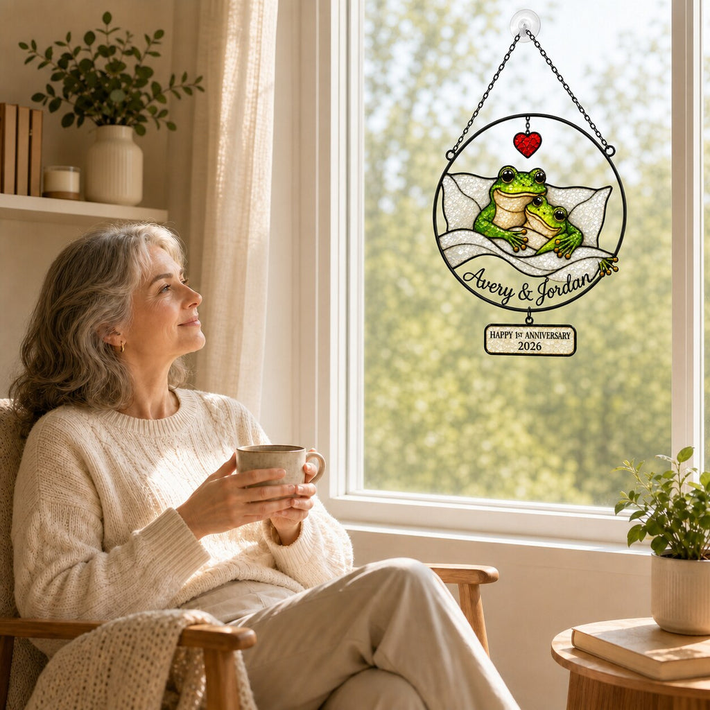 Personalized 1st Anniversary Cozy Frog Couple Holographic Acrylic Suncatcher