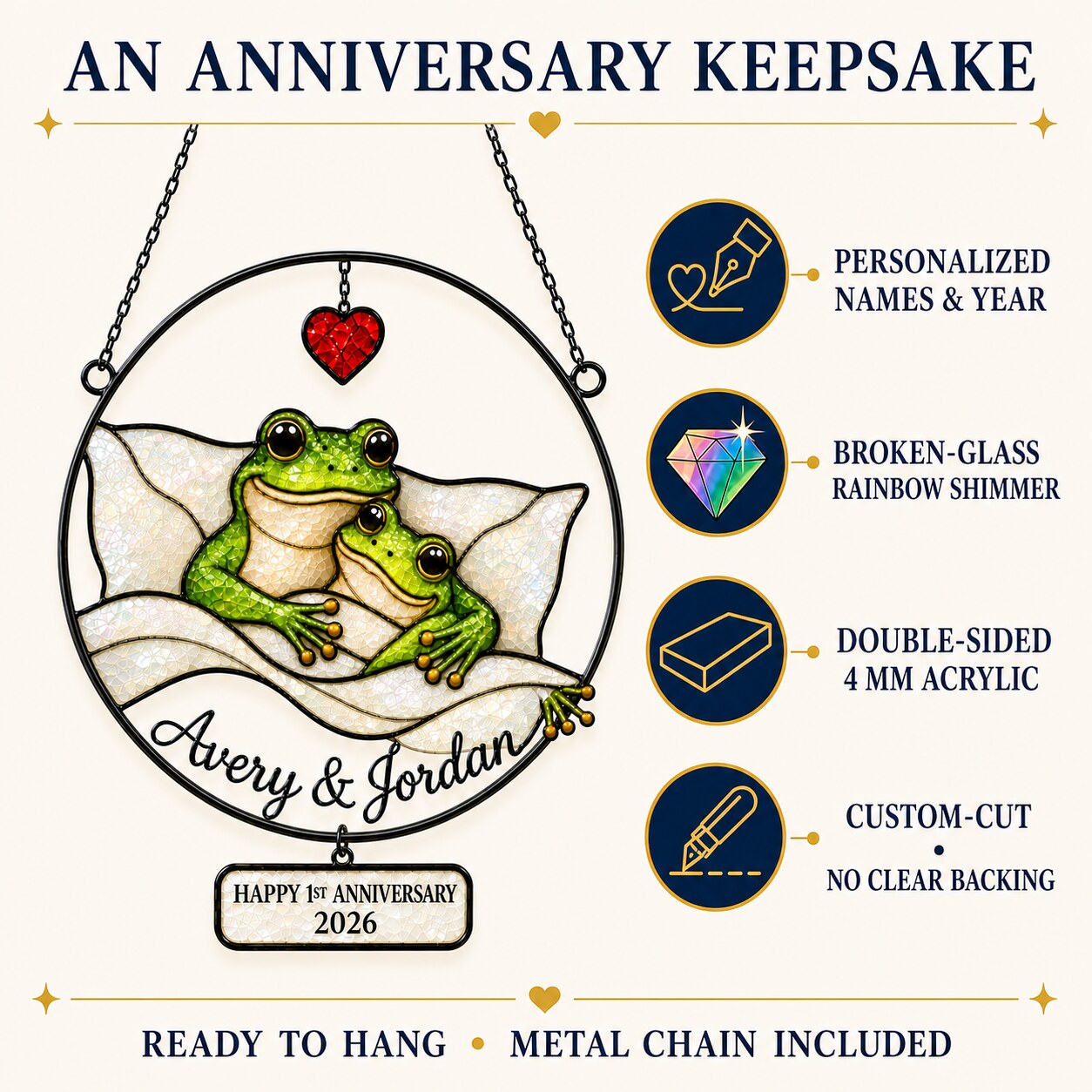 Personalized 1st Anniversary Cozy Frog Couple Holographic Acrylic Suncatcher