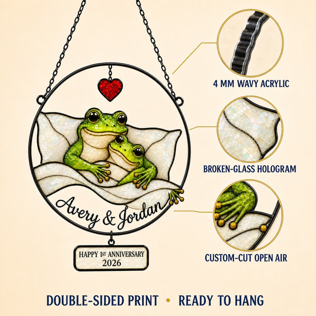 Personalized 1st Anniversary Cozy Frog Couple Holographic Acrylic Suncatcher