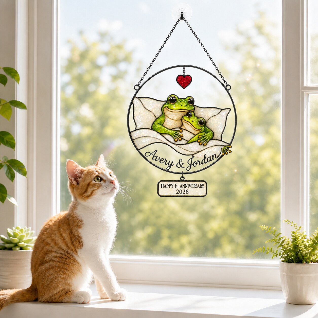 Personalized 1st Anniversary Cozy Frog Couple Holographic Acrylic Suncatcher