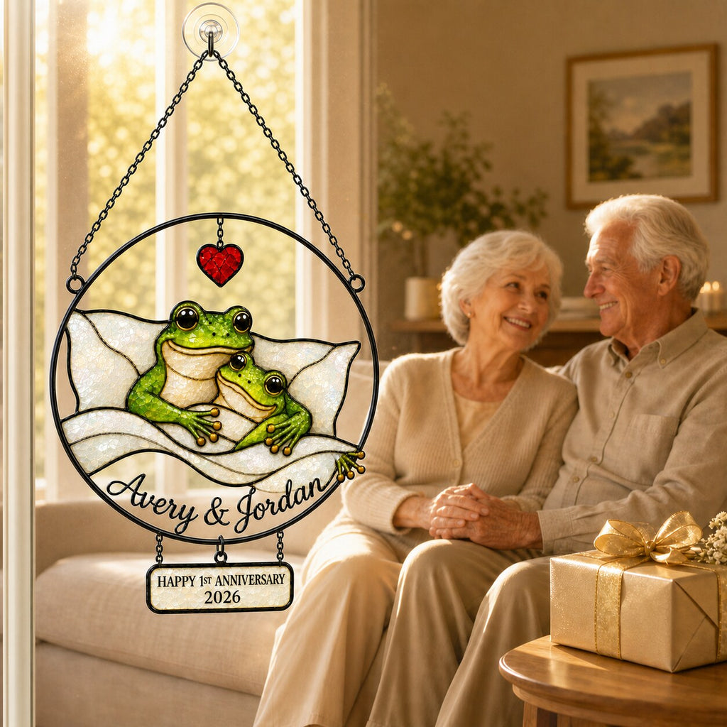Personalized 1st Anniversary Cozy Frog Couple Holographic Acrylic Suncatcher