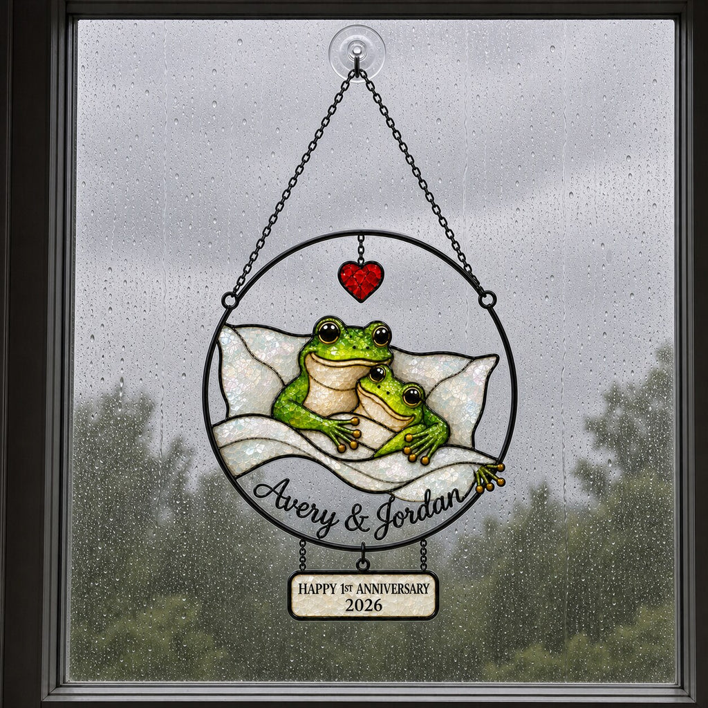 Personalized 1st Anniversary Cozy Frog Couple Holographic Acrylic Suncatcher