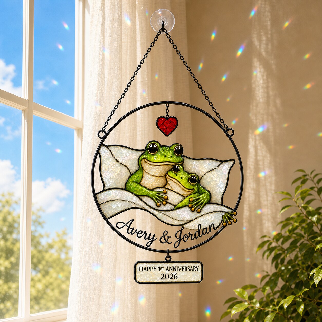 Personalized 1st Anniversary Cozy Frog Couple Holographic Acrylic Suncatcher
