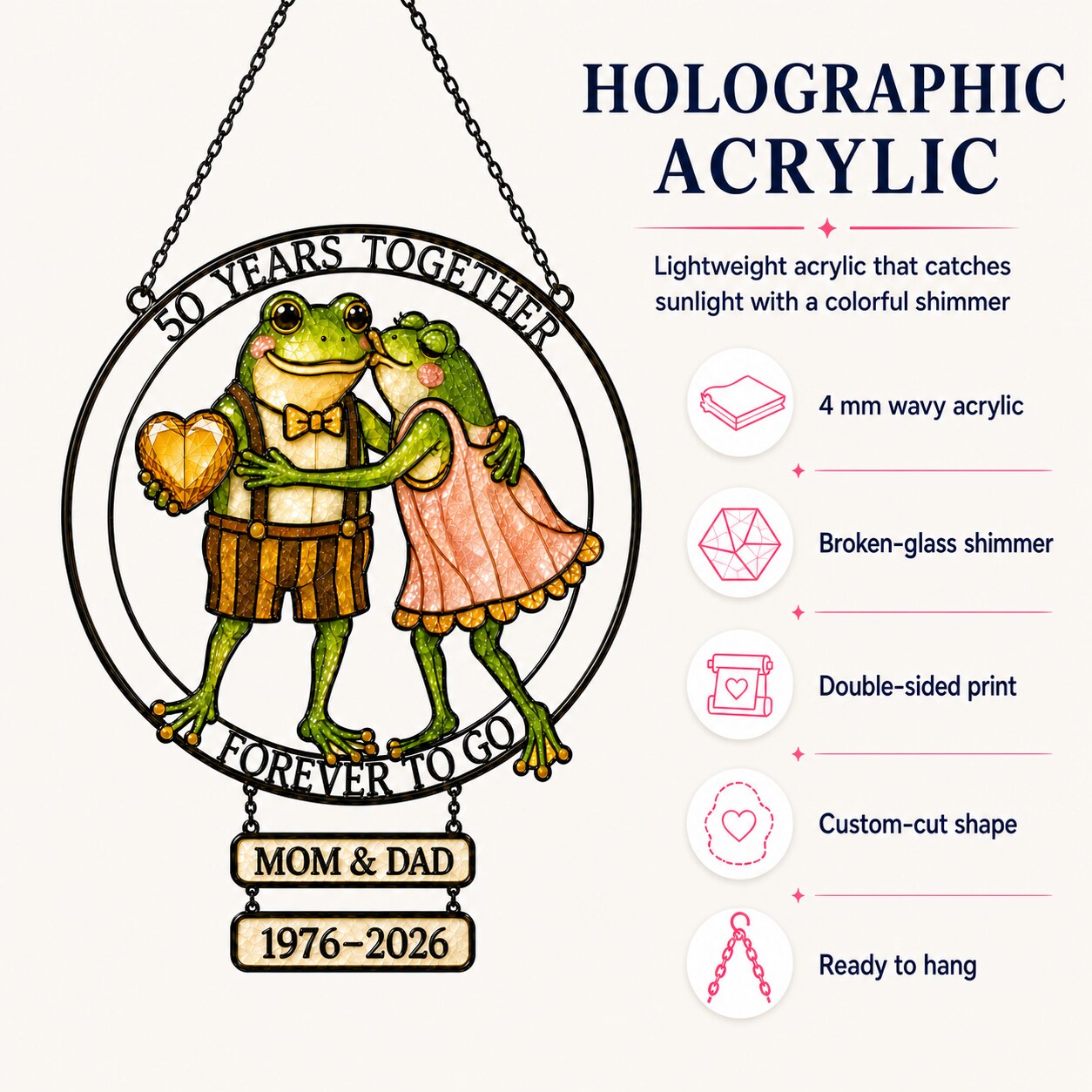 Personalized 50 Years Together Frog Couple Holographic Acrylic Suncatcher