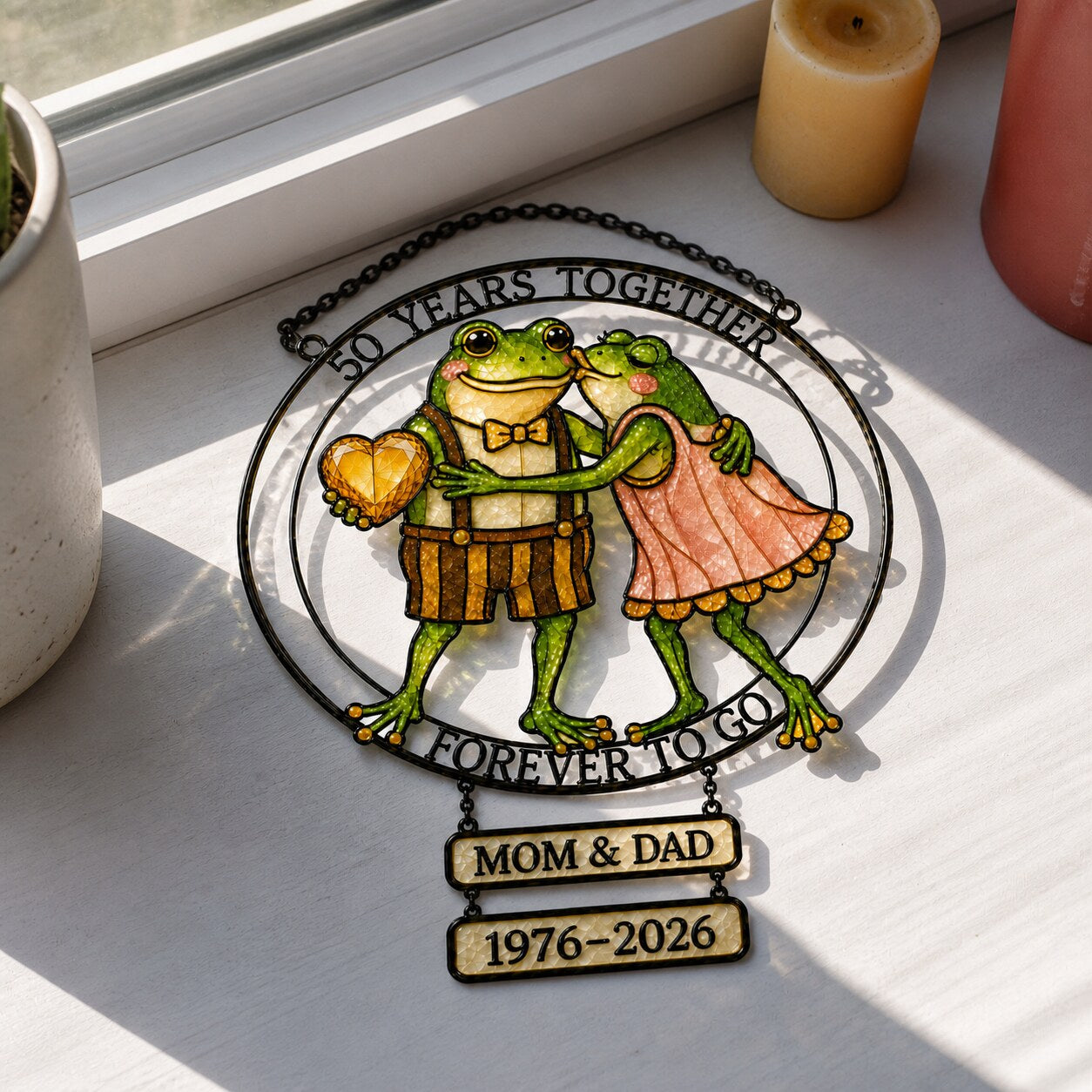 Personalized 50 Years Together Frog Couple Holographic Acrylic Suncatcher