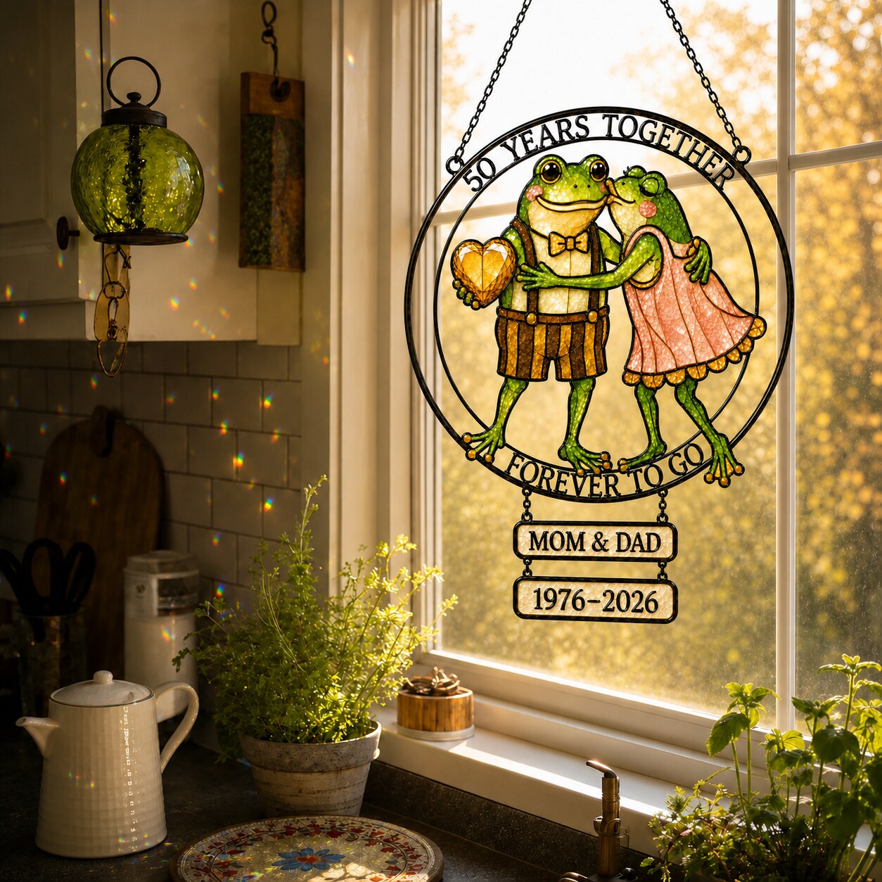 Personalized 50 Years Together Frog Couple Holographic Acrylic Suncatcher