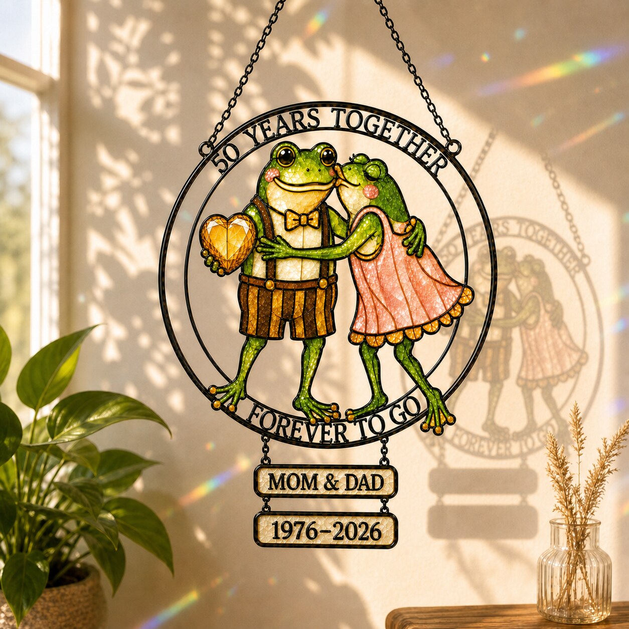 Personalized 50 Years Together Frog Couple Holographic Acrylic Suncatcher