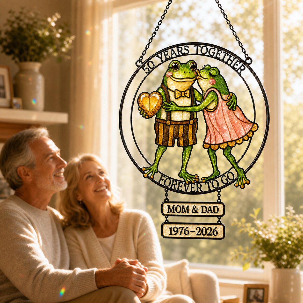 Personalized 50 Years Together Frog Couple Holographic Acrylic Suncatcher
