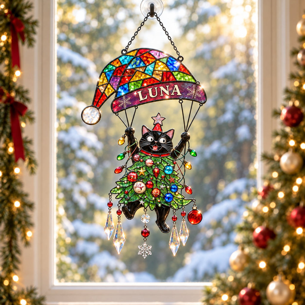Personalized Black Cat Tangled in Christmas Tree Parachute Holographic Acrylic Suncatcher