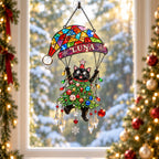 Personalized Black Cat Tangled in Christmas Tree Parachute Holographic Acrylic Suncatcher