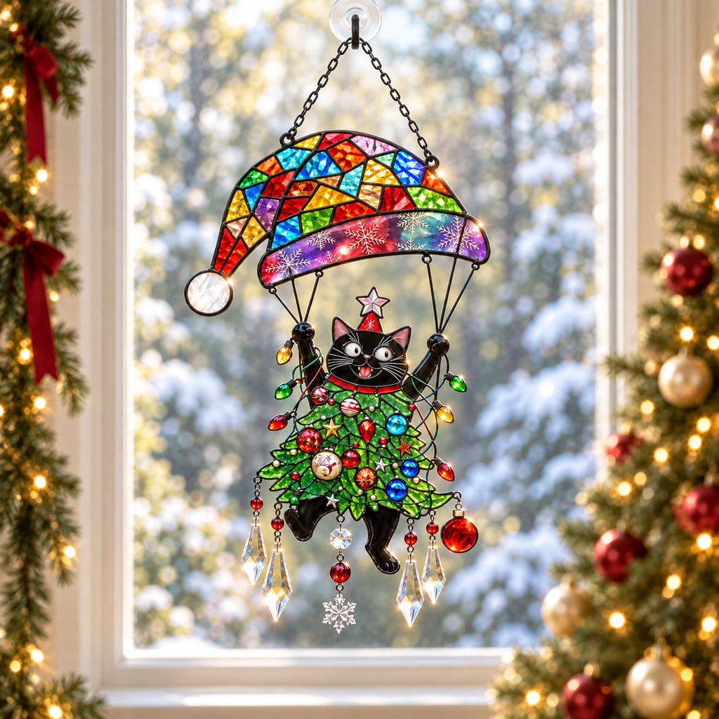 Personalized Black Cat Tangled in Christmas Tree Parachute Holographic Acrylic Suncatcher