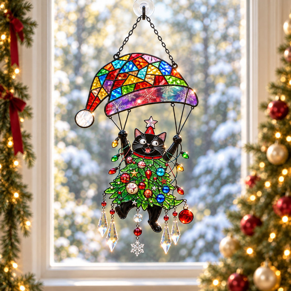 Personalized Black Cat Tangled in Christmas Tree Parachute Holographic Acrylic Suncatcher