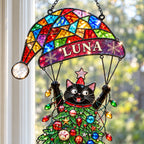 Personalized Black Cat Tangled in Christmas Tree Parachute Holographic Acrylic Suncatcher