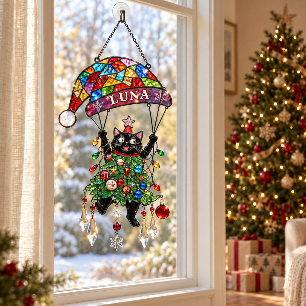 Personalized Black Cat Tangled in Christmas Tree Parachute Holographic Acrylic Suncatcher