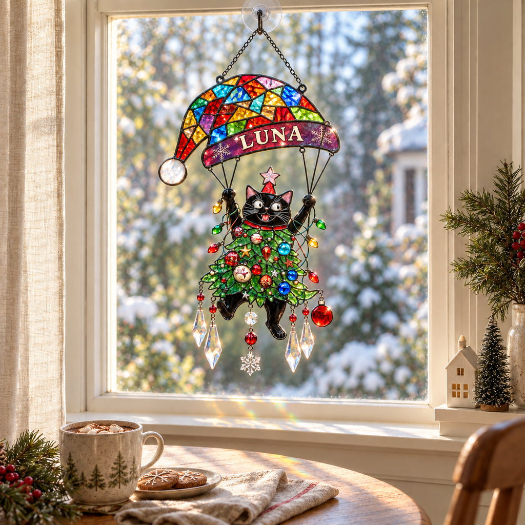 Personalized Black Cat Tangled in Christmas Tree Parachute Holographic Acrylic Suncatcher