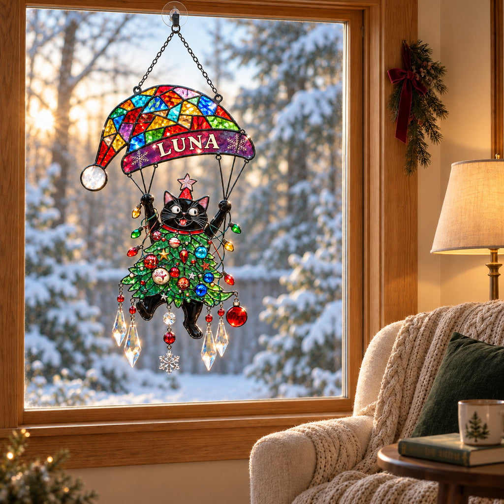 Personalized Black Cat Tangled in Christmas Tree Parachute Holographic Acrylic Suncatcher