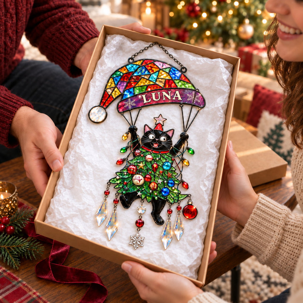 Personalized Black Cat Tangled in Christmas Tree Parachute Holographic Acrylic Suncatcher