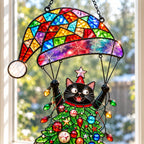 Personalized Black Cat Tangled in Christmas Tree Parachute Holographic Acrylic Suncatcher