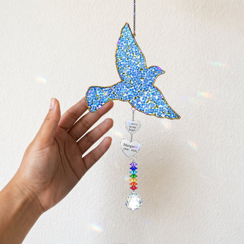 Personalized blue bird memorial crystal suncatcher detail
