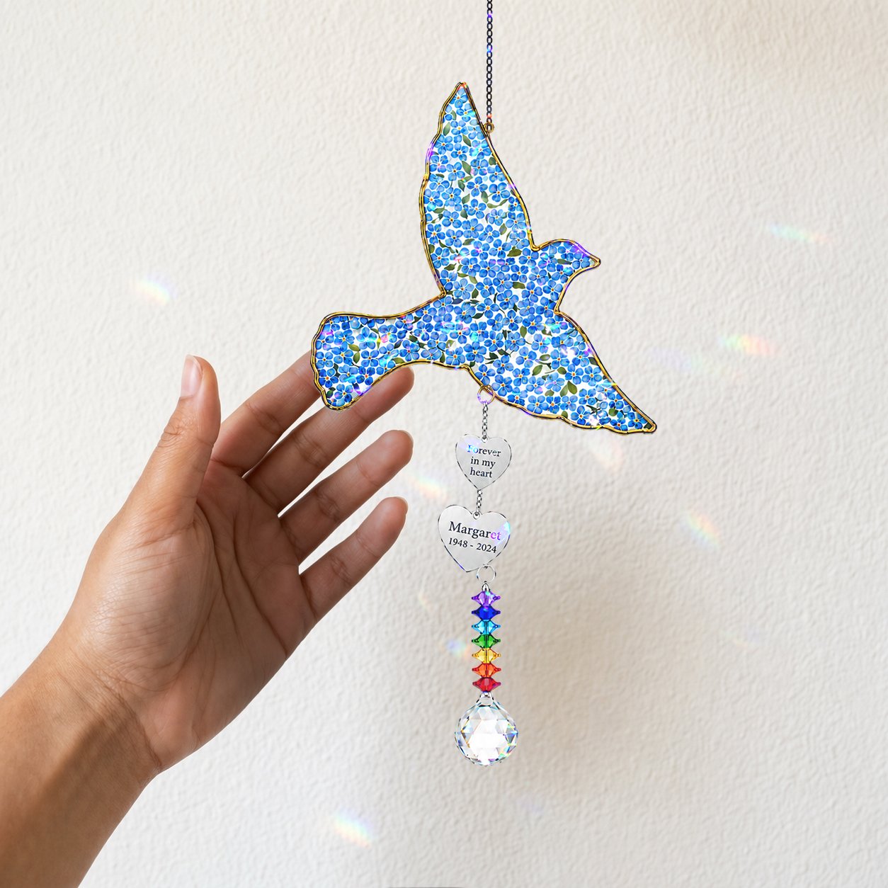 Personalized blue bird memorial crystal suncatcher detail