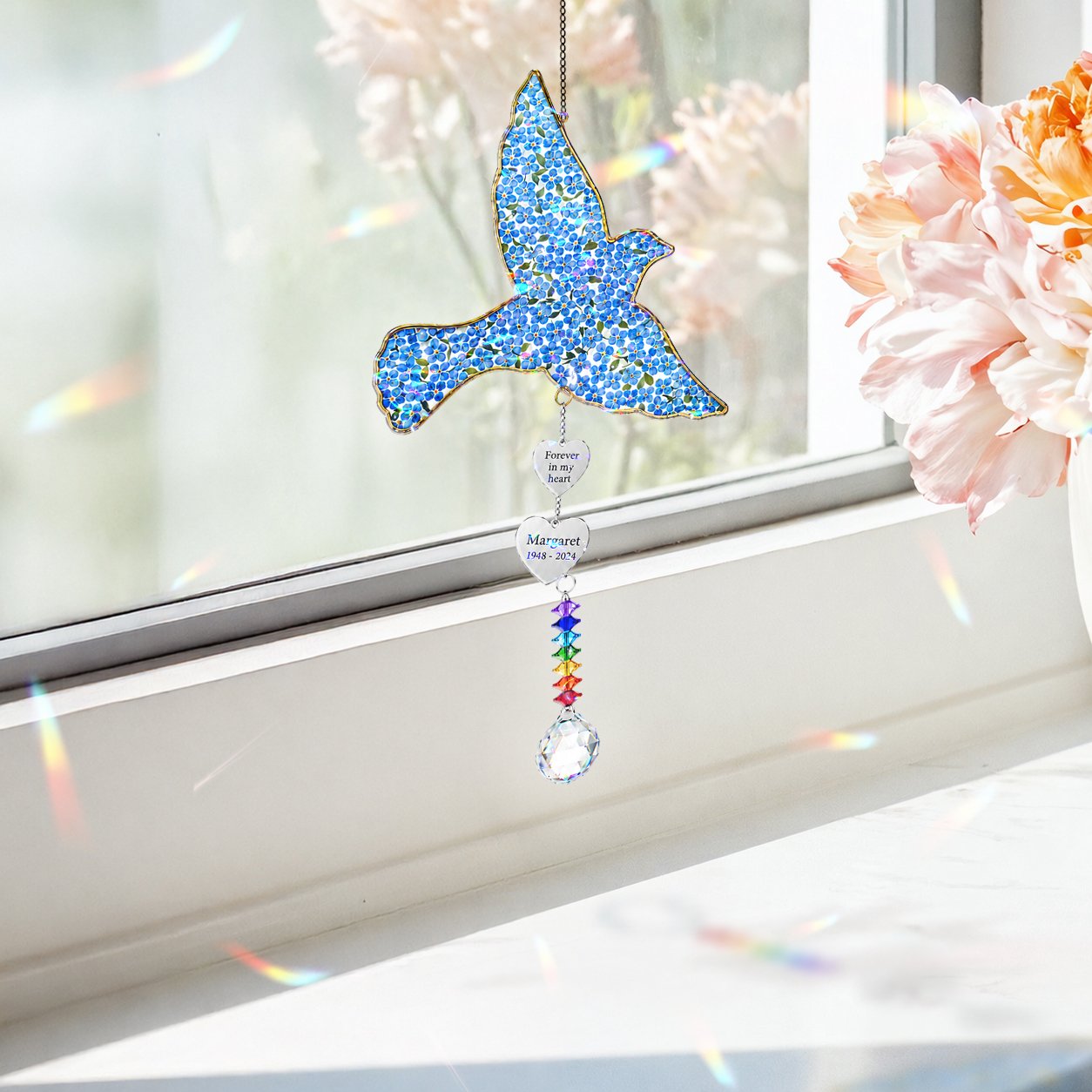 Personalized blue bird memorial crystal suncatcher
