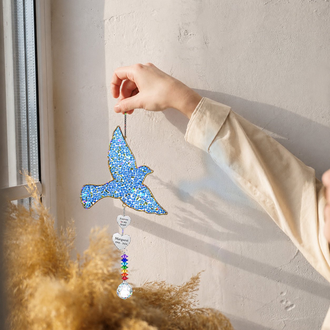 Personalized blue bird memorial crystal suncatcher