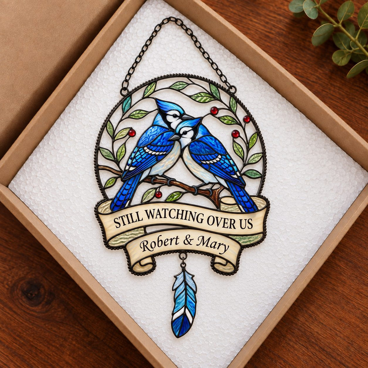 Personalized Blue Jay Memorial Holographic Acrylic Suncatcher — Still Watching Over Us