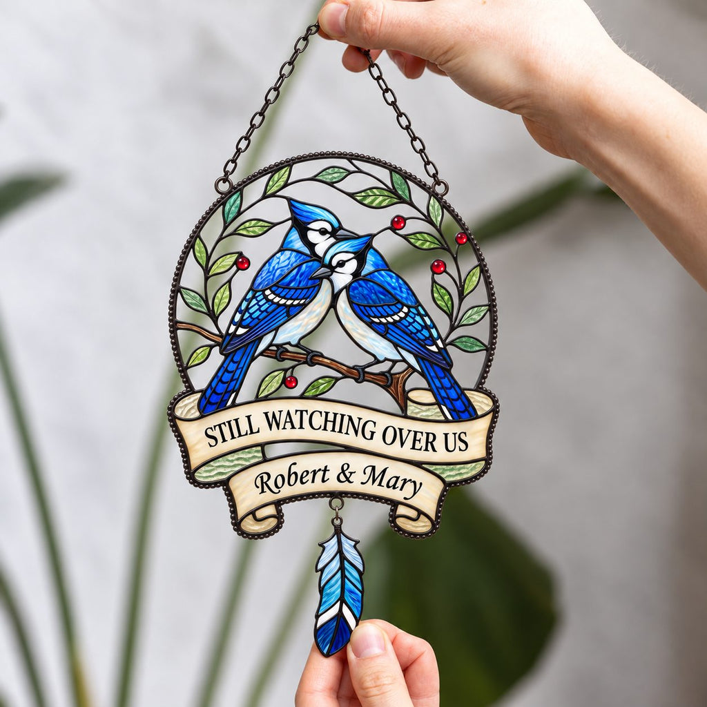 Personalized Blue Jay Memorial Holographic Acrylic Suncatcher — Still Watching Over Us