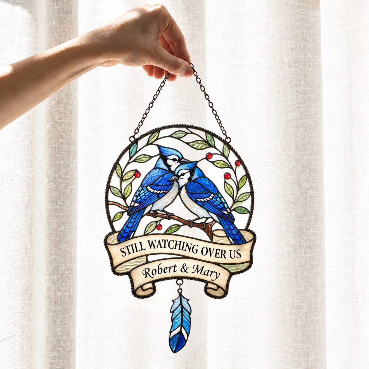 Personalized Blue Jay Memorial Holographic Acrylic Suncatcher — Still Watching Over Us