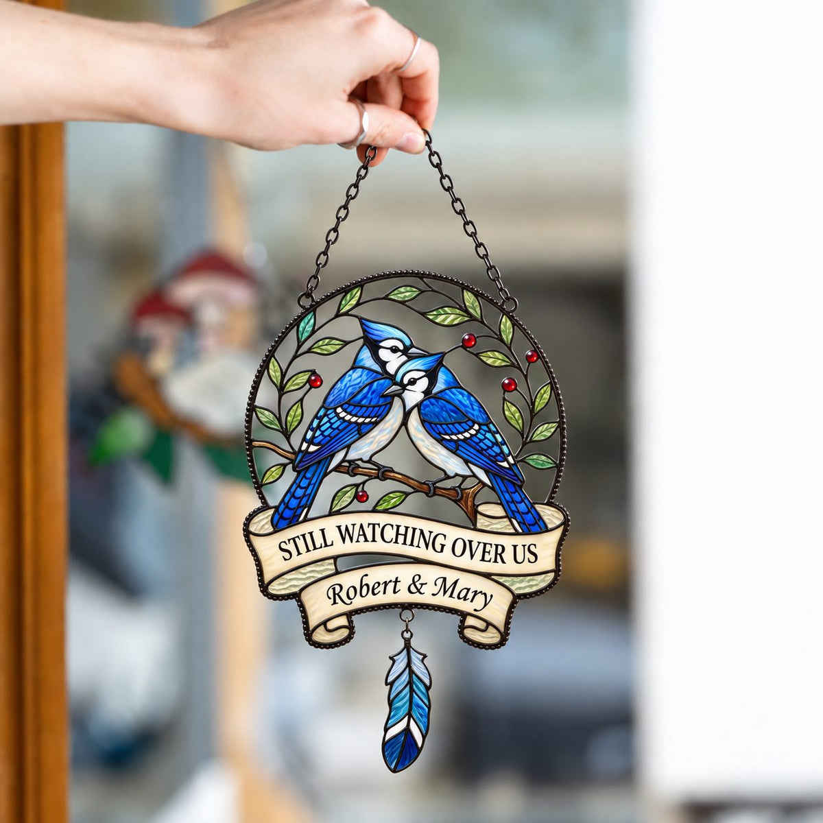 Personalized Blue Jay Memorial Holographic Acrylic Suncatcher — Still Watching Over Us