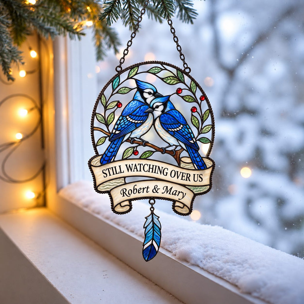 Personalized Blue Jay Memorial Holographic Acrylic Suncatcher — Still Watching Over Us