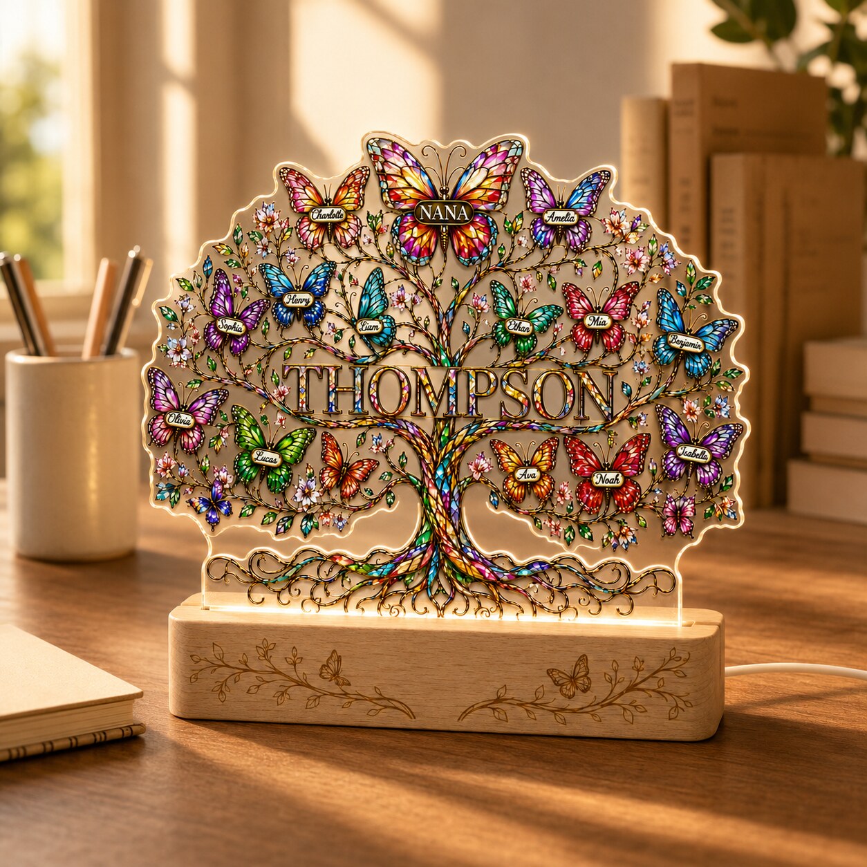 Personalized Family Tree Butterfly Wavy Acrylic Night Light