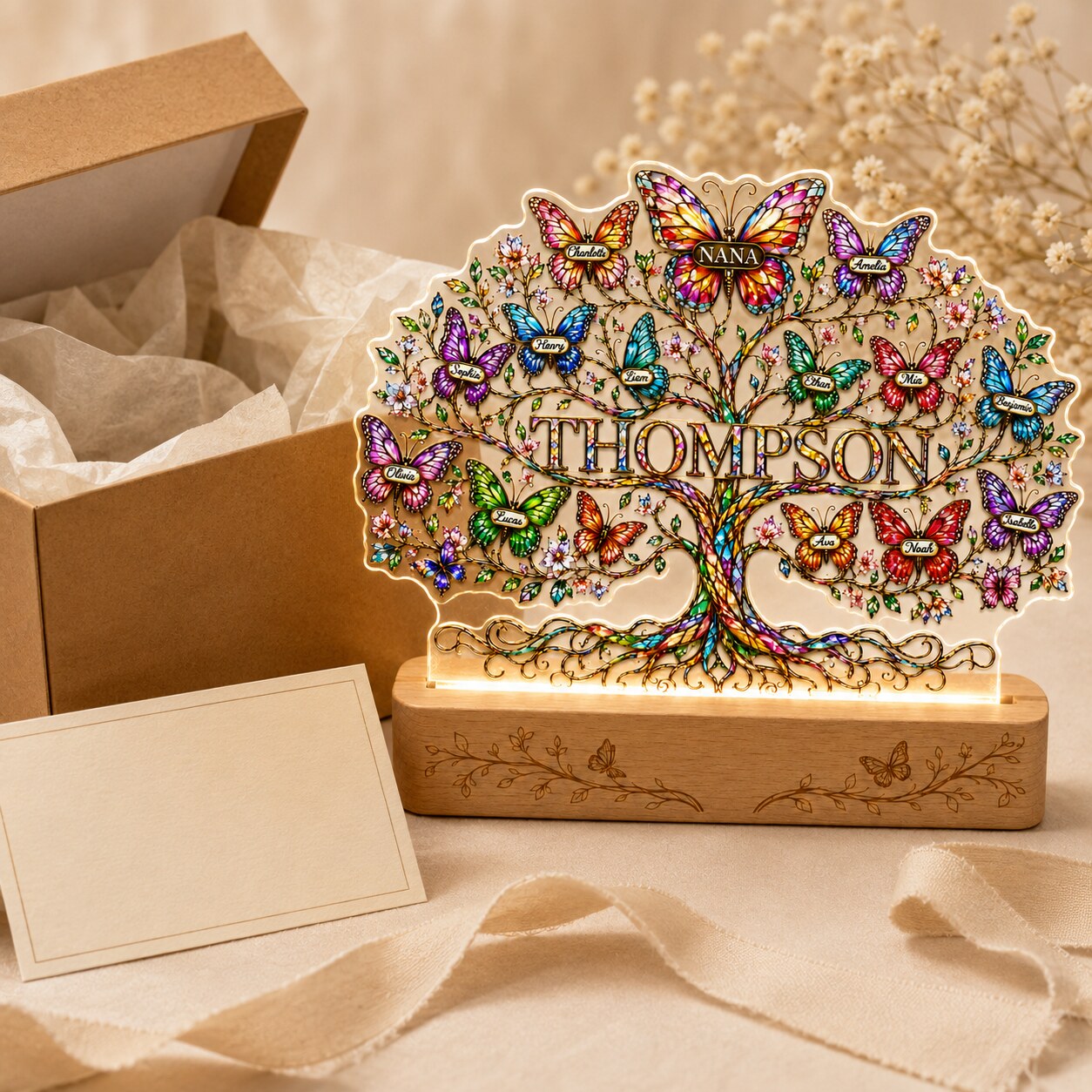Personalized Family Tree Butterfly Wavy Acrylic Night Light