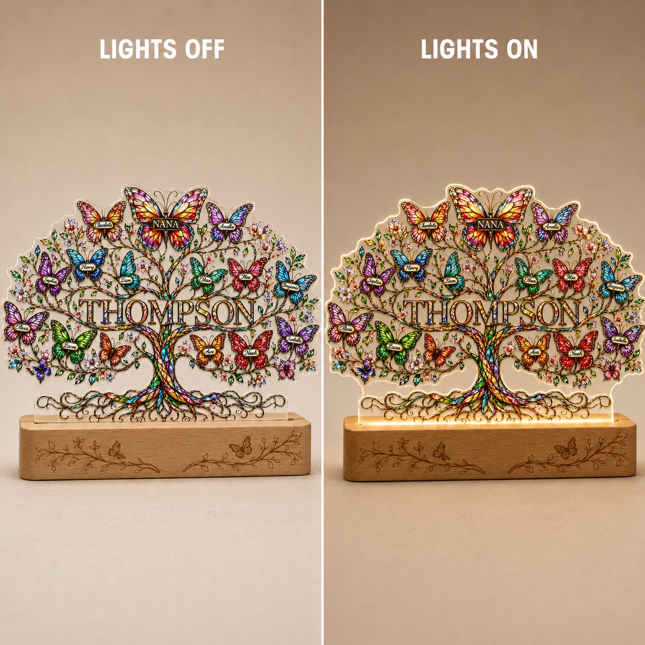 Personalized Family Tree Butterfly Wavy Acrylic Night Light