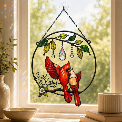 Personalized Cardinal Couple Leaf Ring with Crystal Holographic Acrylic Suncatcher