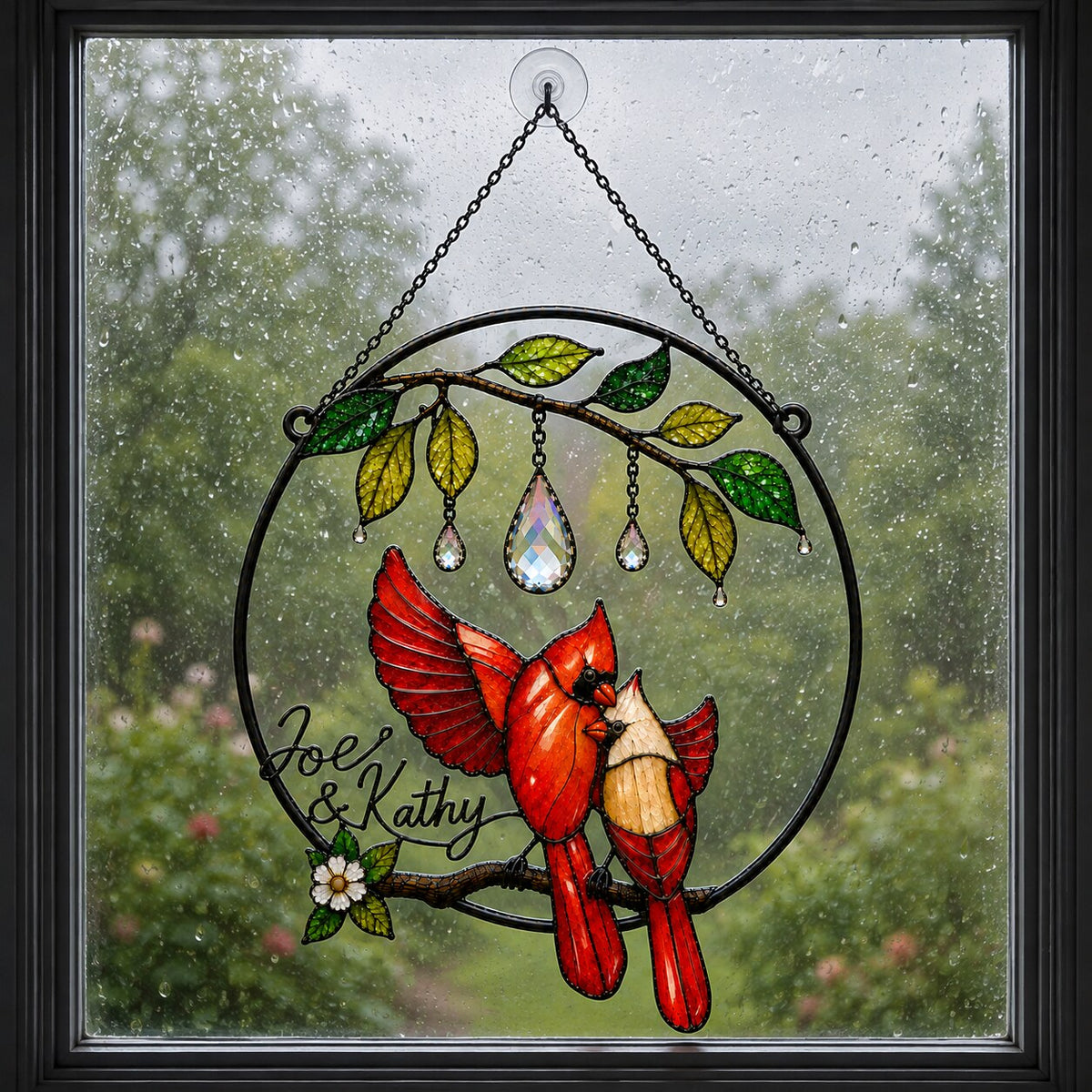 Personalized Cardinal Couple Leaf Ring with Crystal Holographic Acrylic Suncatcher